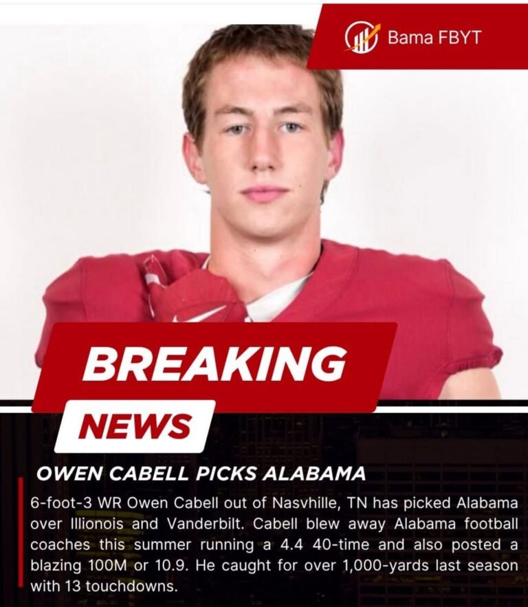 JUST IN: Alabama has been selected by receiver Owen Cabell. Cabell, who stands six feet three and weighs 200 pounds, ran a 4.4 40-time at Alabama’s camp this summer.