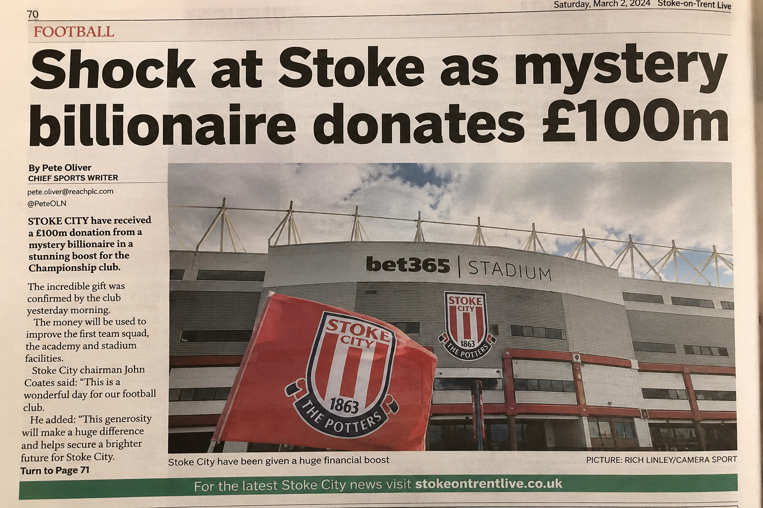 SHOCKING TWIST AT STOKE CITY: Billionaire Donates £100 Million to Support the Club